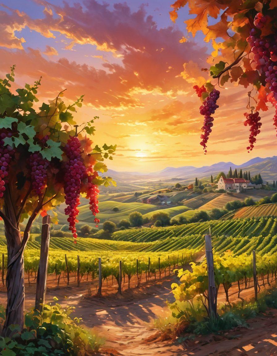 A lush vineyard during golden hour, with grapevines intertwined with paintbrushes and vibrant splashes of wine colors creating an artistic canvas. An artist is seen painting in the midst of the vines, capturing the serene beauty of the landscape. The sky is a blend of warm hues, reflecting the creativity and passion of winemaking. Focus on the harmony between nature and art. super-realistic. vibrant colors. 3D.