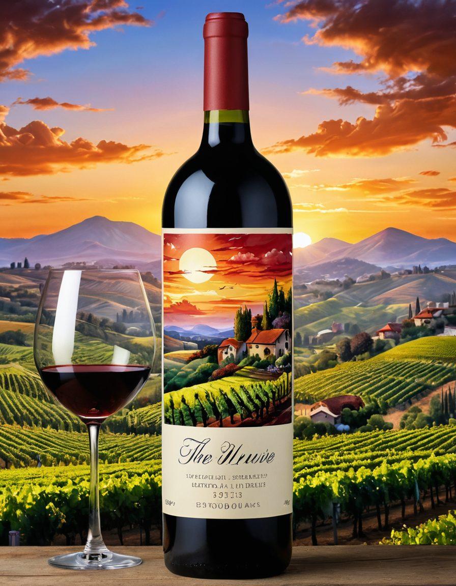 A striking composition featuring an intricately designed wine bottle with artistic labels, surrounded by scenic landscapes of vineyards, rolling hills, and sunset skies. Include elements of artistic tools like paintbrushes and palette scattered around, blending the themes of wine and art seamlessly. Capture the essence of elegance and creativity to celebrate wine as a form of art. vibrant colors. super-realistic. picturesque.