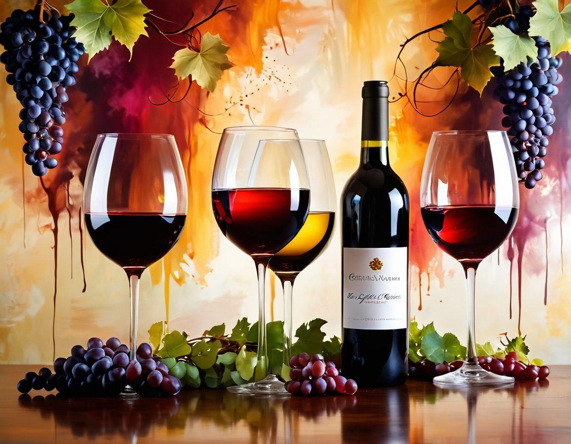 A beautifully arranged table showcasing exquisite wine glasses filled with various shades of wine, surrounded by vibrant grapevines and artistic brushes dipped in wine. The backdrop features an abstract mural reflecting the wine's hues blending with artistic expressions. Soft, warm lighting creates an inviting atmosphere, highlighting the aesthetic pleasures of winemaking. super-realistic. vibrant colors. artistic background.